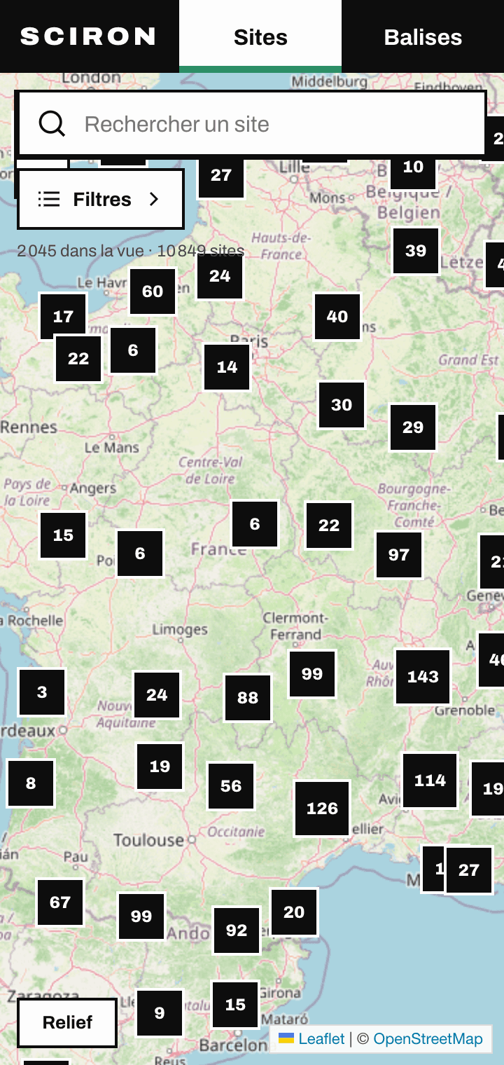 La carte des sites de vol libre sur un téléphone