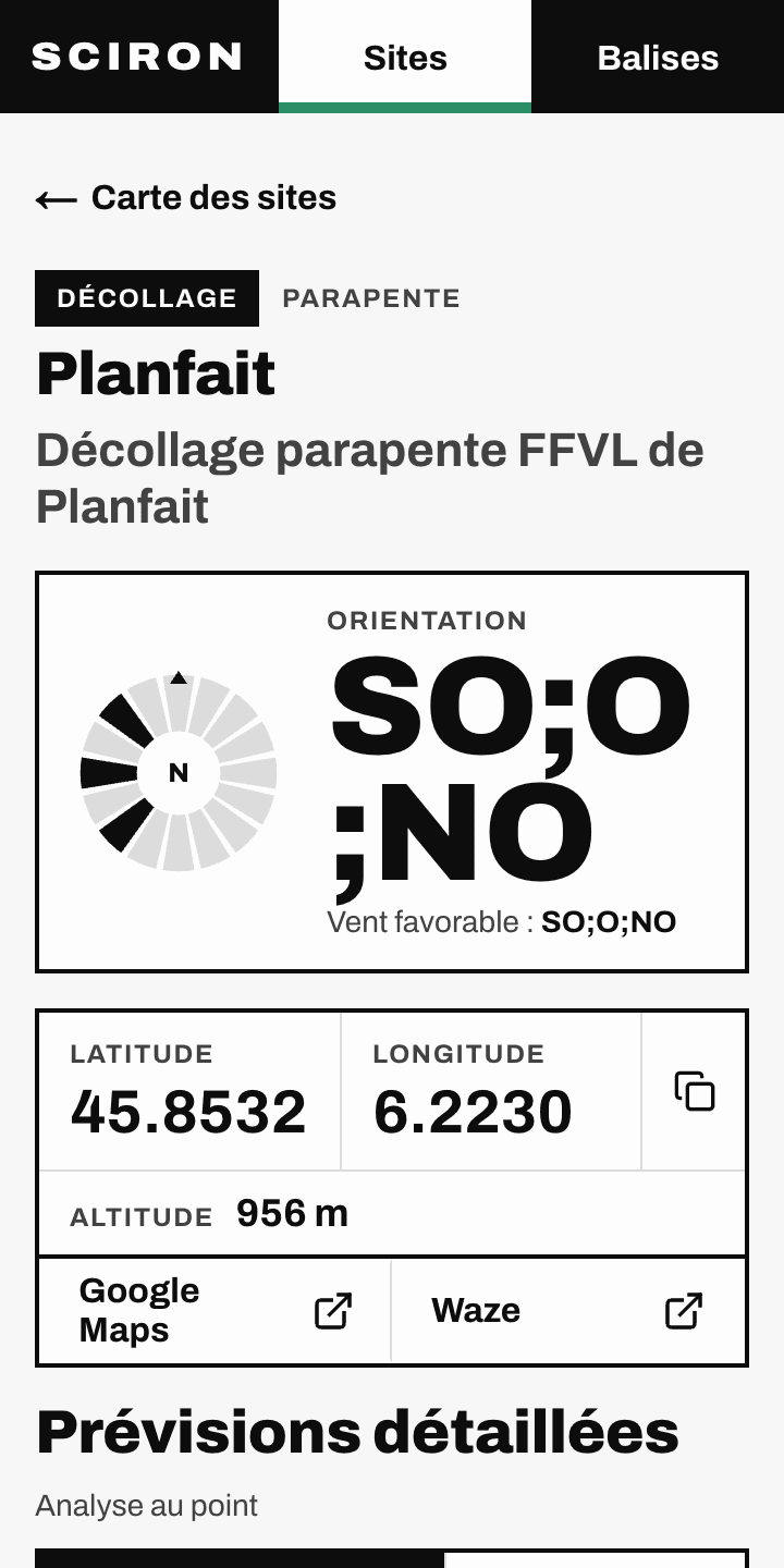 La fiche du décollage de Planfait, avec son orientation et ses coordonnées